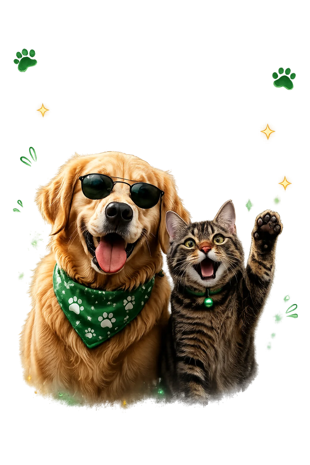 A golden retriever in sunglasses and a tabby cat posing together in green bandanas