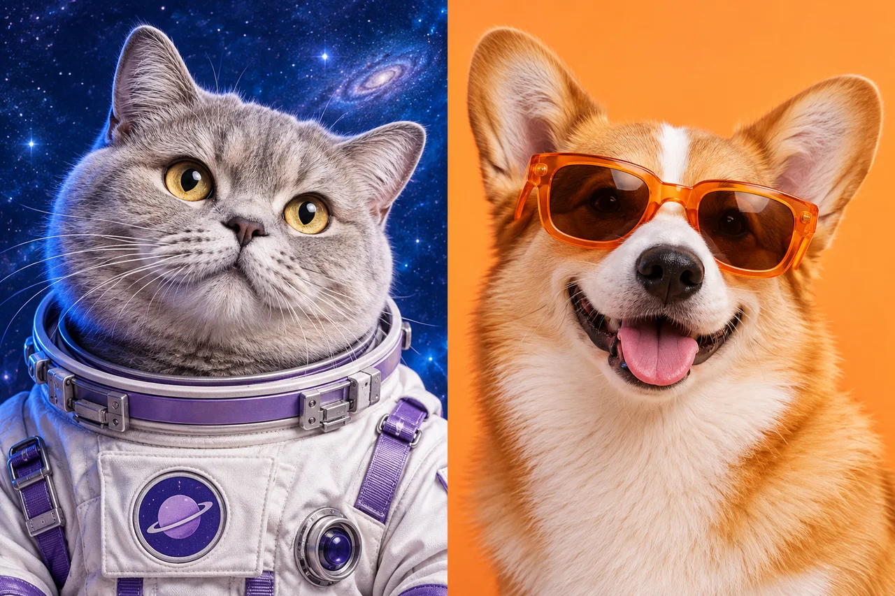 A happy corgi styled as a pop star in orange sunglasses