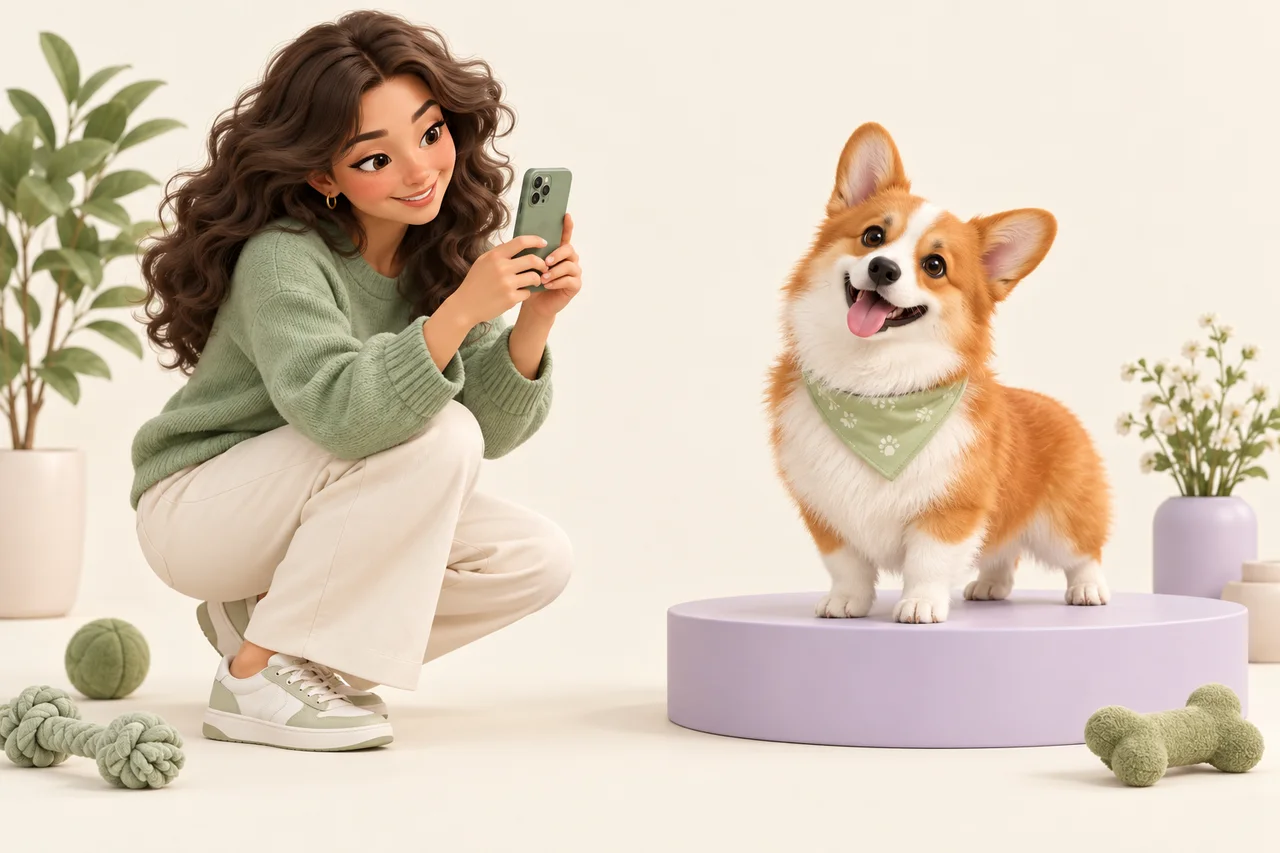 A woman photographing her happy corgi in a playful 3D studio